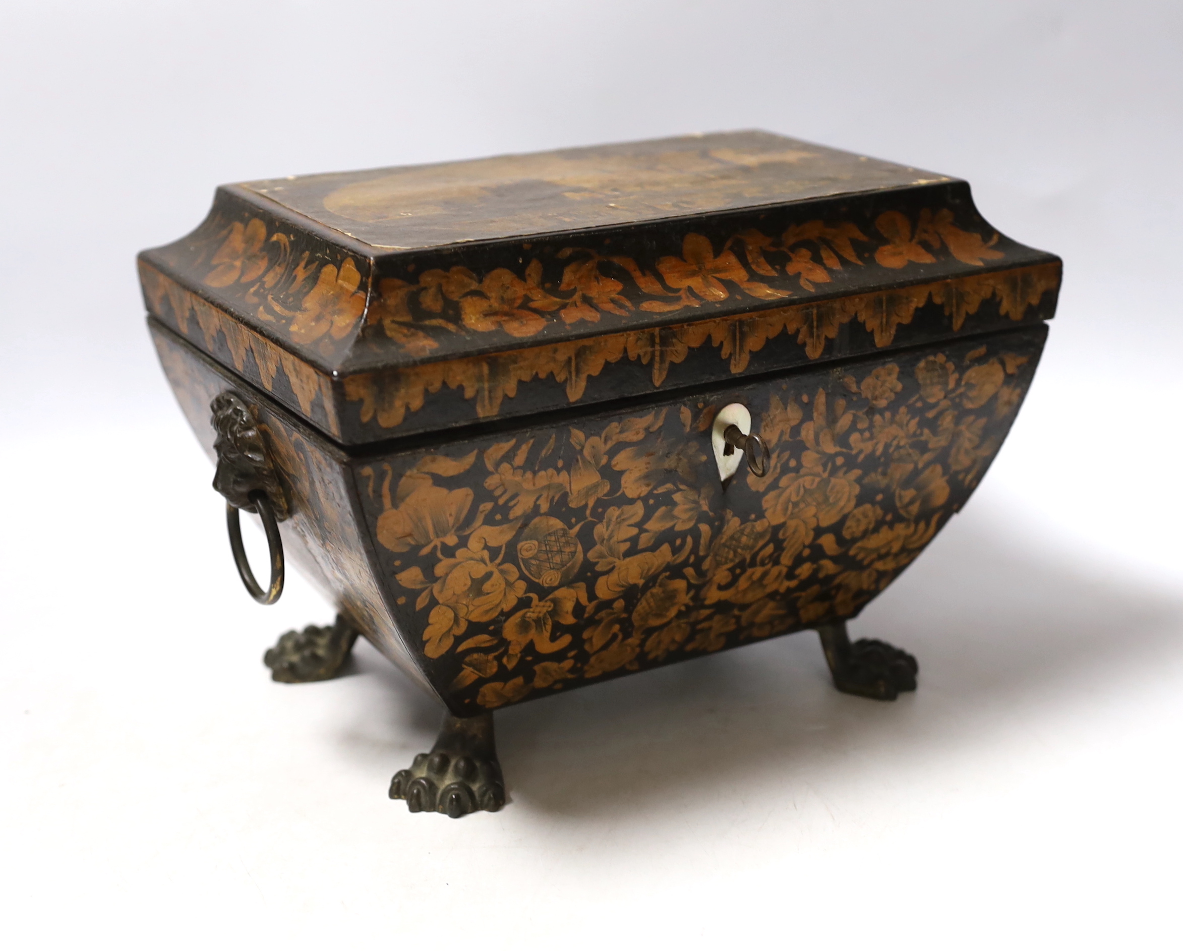 A Regency penwork tea caddy, the cover inset with an engraving of figures by a castle, 23.5 x 16 x 16cm and two small Tunbridge ware boxes